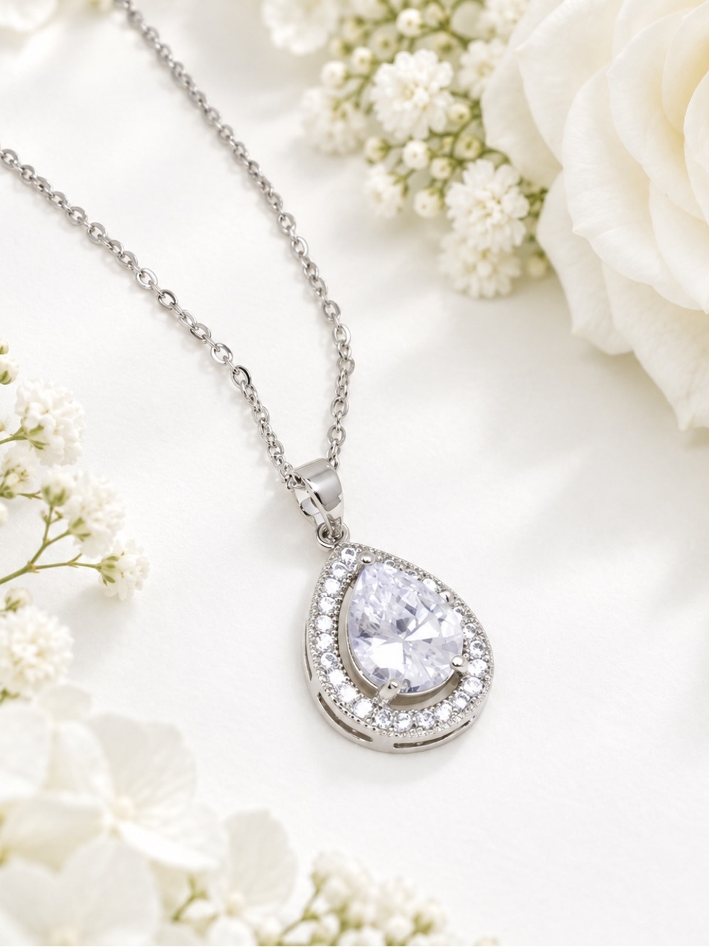 Sterling Silver Teardrop Pendant Necklace - White Crystal